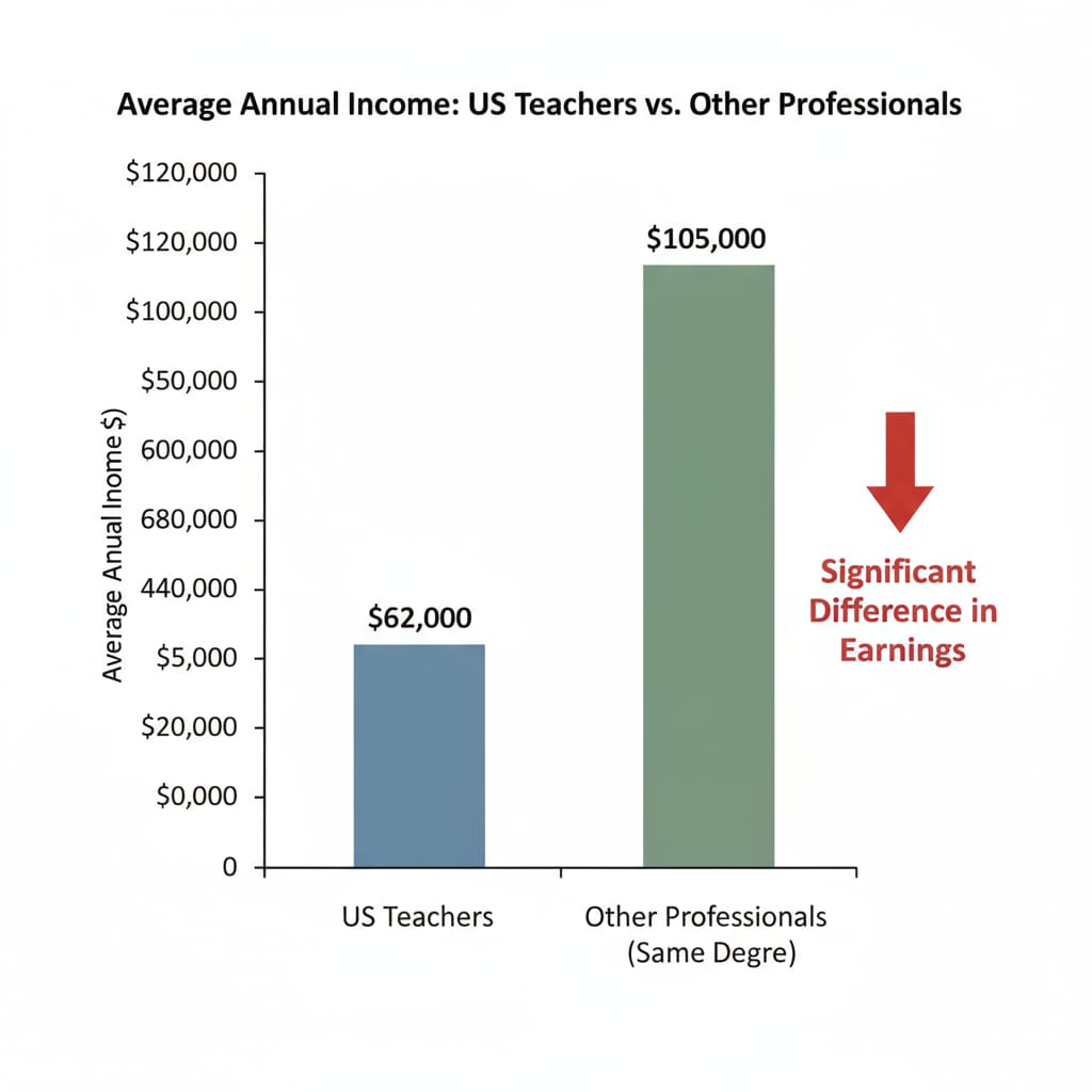 A bar chart comparing the average annual income of US teachers and other professionals with the same degree, clearly showing the significant difference in earnings. Comparison of average annual income of US teachers and other professionals with the same degree