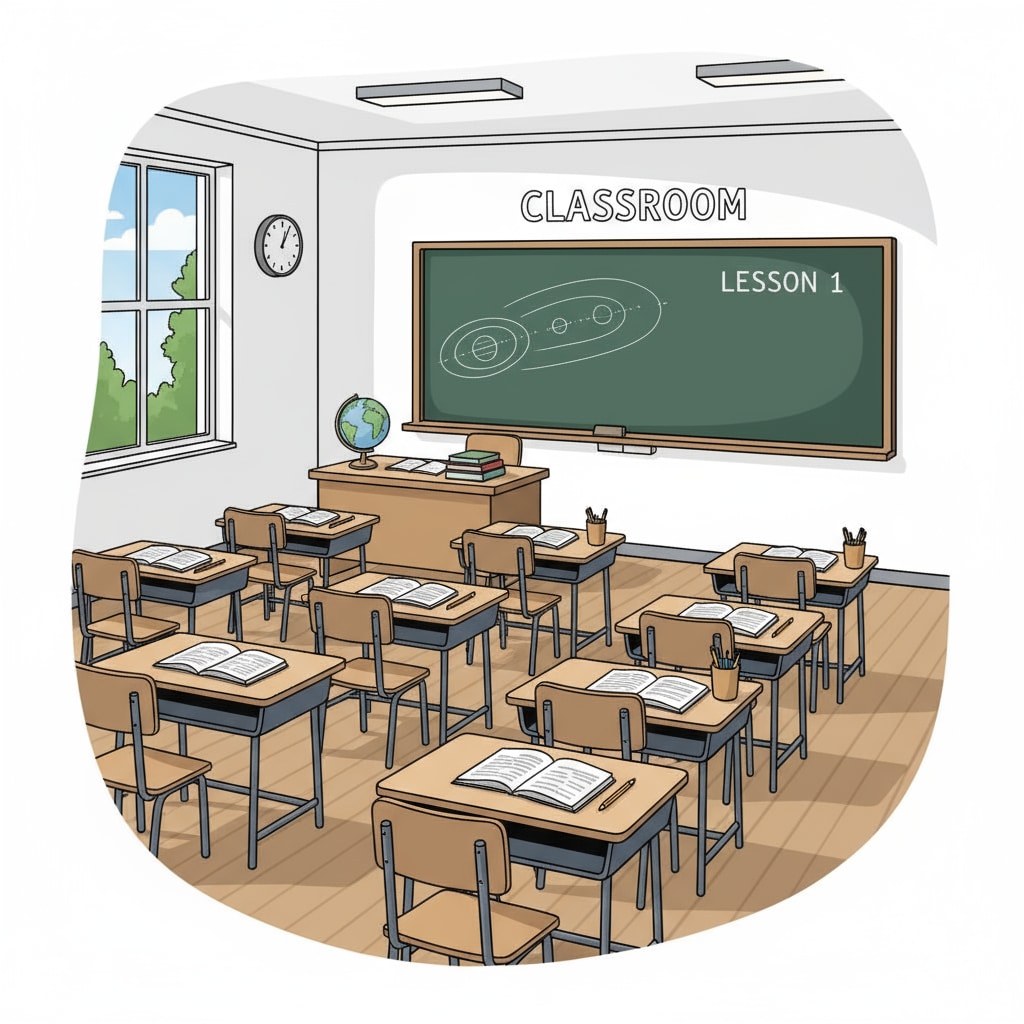 A classroom with traditional setup of desks in rows and a blackboard at the front. Traditional primary education classroom setup highlighting the need for educational innovation, curriculum reform, and teaching methods improvement.