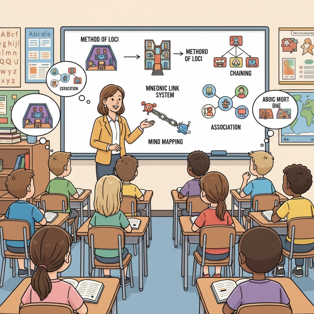 A group of K12 students are sitting in a classroom, listening intently as their teacher demonstrates memory techniques on the whiteboard. K12 students learning memory development and enhancement techniques