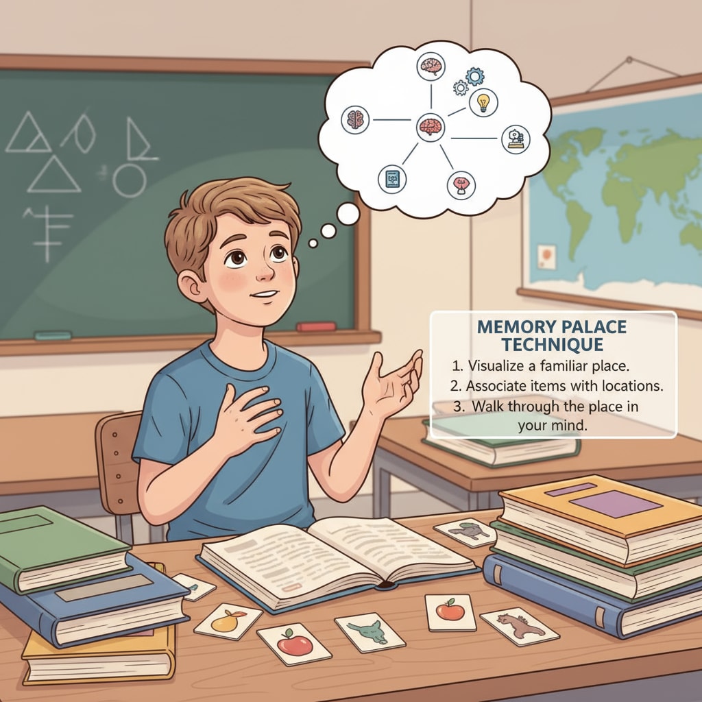 A student is sitting at a desk, surrounded by books and flashcards, actively practicing memory improvement methods. Student practicing memory enhancement techniques