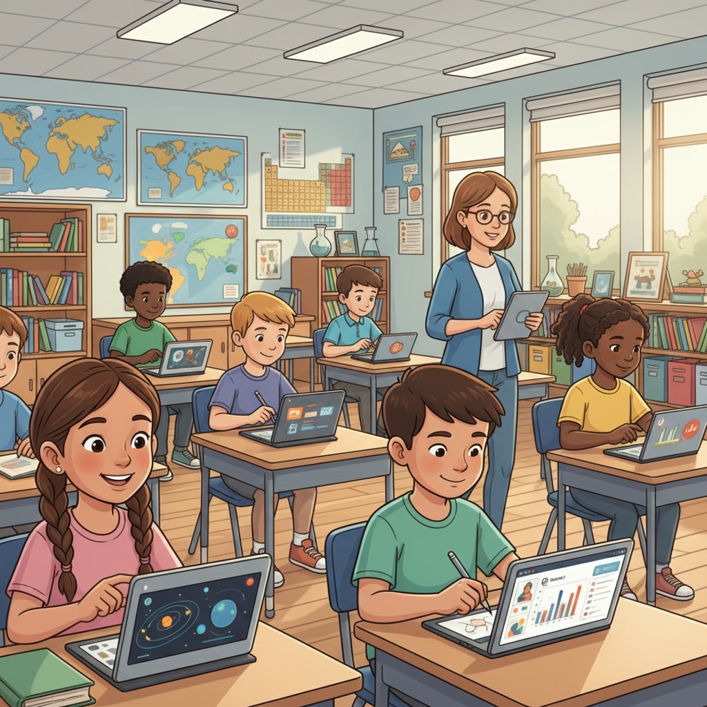 A group of K12 students using tablets in a classroom setting, showing the tablets being used for various learning activities. K12 students using tablets for school and entertainment in a classroom