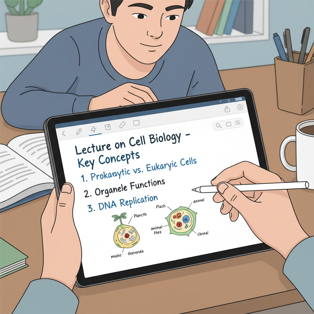 A close-up of a student using a tablet to take notes, highlighting the tablet's screen and the note-taking app. A student using a tablet for note-taking during school