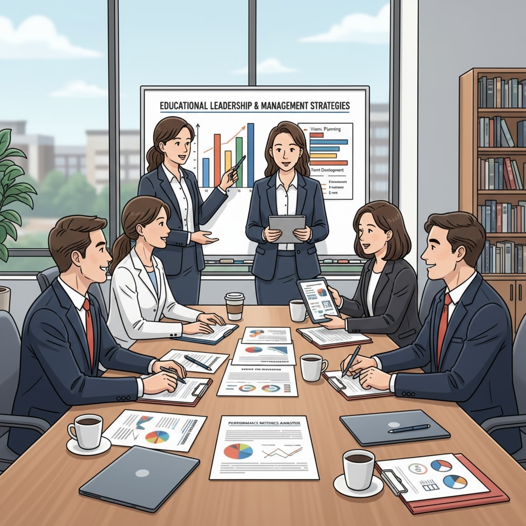 A group of educators are engaged in a discussion about educational leadership and management strategies in a meeting room. There are charts and papers on the table, indicating their in-depth analysis. Educators discussing educational leadership and management for career development
