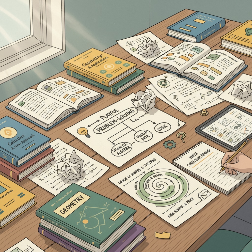 A teacher is sitting at a table with textbooks and papers scattered around, intently working on designing a new math curriculum. There are notes and sketches on the papers, showing the creative process. Teacher designing a new math curriculum as part of curriculum design efforts