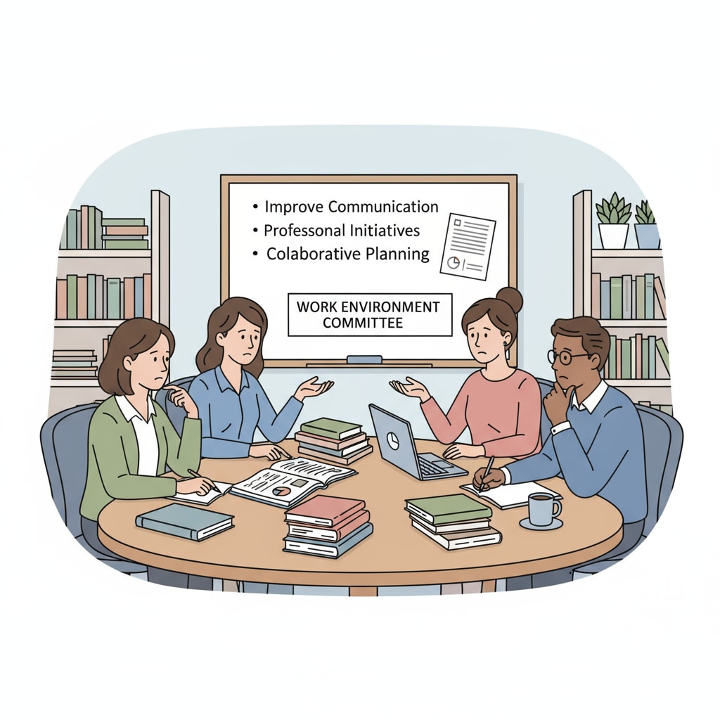 A group of teachers sitting together in a meeting room, looking serious, discussing how to improve the work environment. Teachers discussing work environment improvement to address teacher conflicts and management intervention.