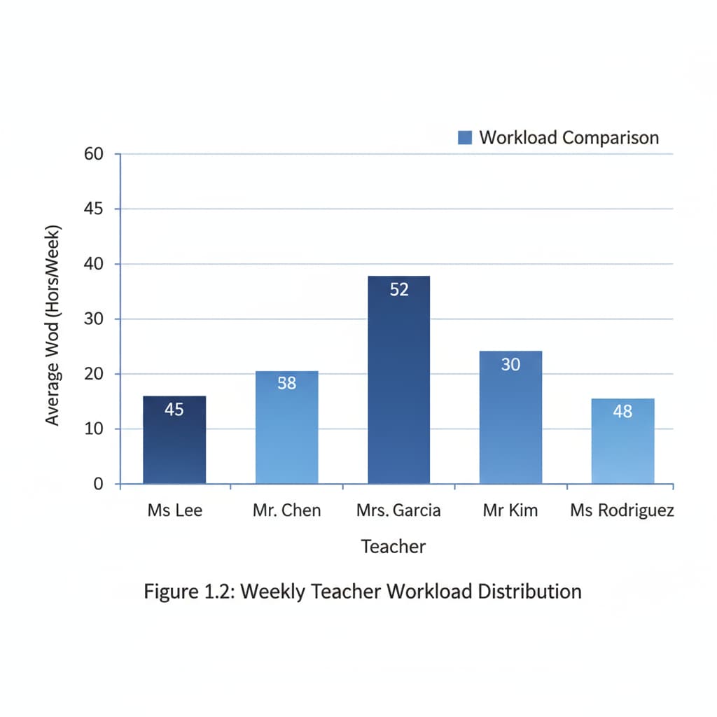 A graph showing the comparison of workloads among different teachers. Workload comparison graph highlighting a factor contributing to teacher conflicts and relevant to work environment and management intervention.