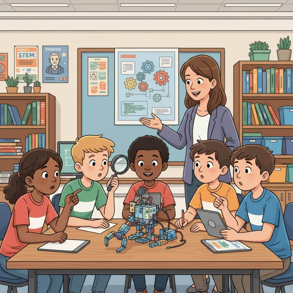A group of K12 students are gathered around a simple robotics model, looking at it with curious expressions, showing their initial interest in robotics. K12 students showing interest in robotics