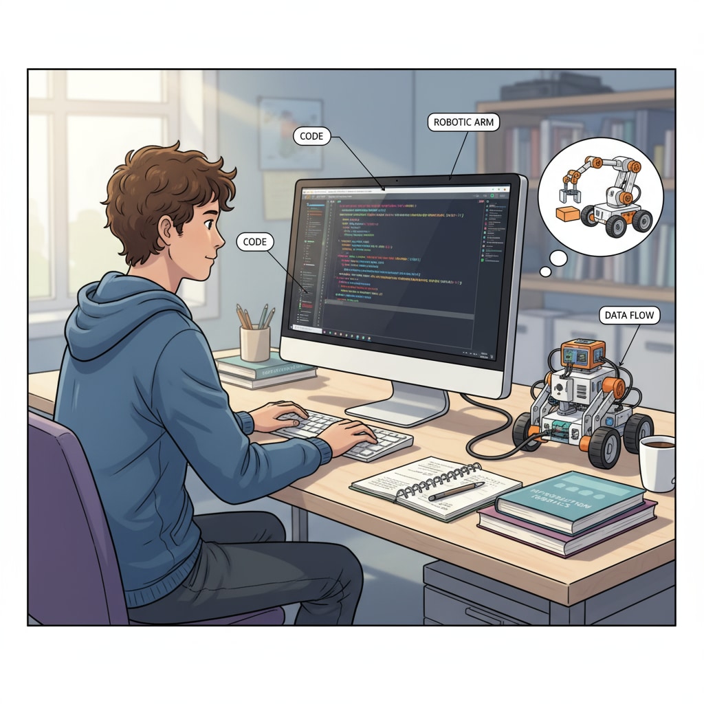 A student is sitting in front of a computer, typing code to program a small robot, demonstrating the practical aspect of computer science in robotics. Student programming a robot
