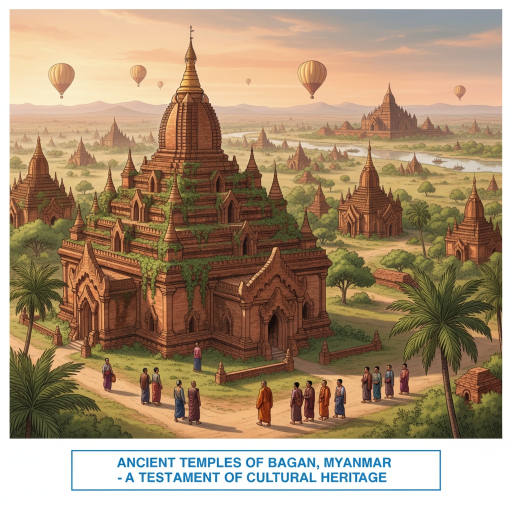 A wide view of ancient temples in Myanmar, with their grand architecture and serene surroundings, depicting the nation's rich cultural heritage. Myanmar's ancient temples representing its cultural heritage