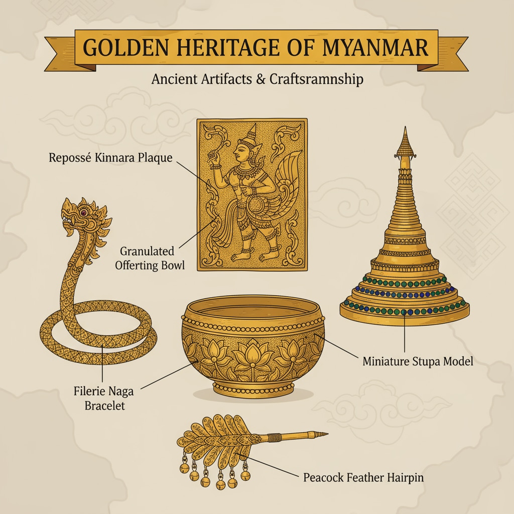 A detailed view of gold artifacts from Myanmar, showing the fine craftsmanship and unique designs, highlighting the connection to the country's gold and cultural aspects. Intricate gold artifacts from Myanmar demonstrating its cultural and gold-related heritage