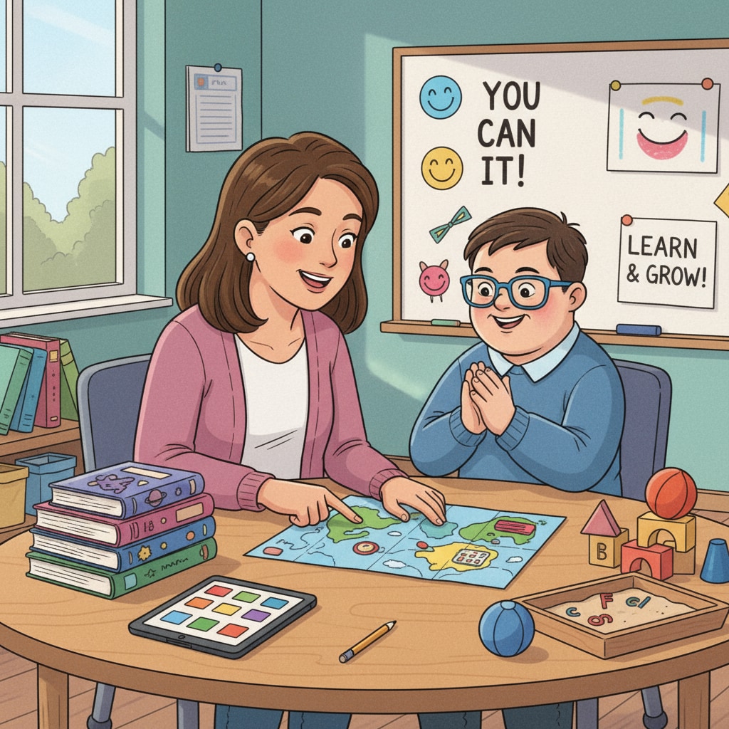 An illustration showing a positive interaction between a tutor and a special education student, with books and learning materials around them. A tutoring app for special education needs facilitating a positive learning interaction