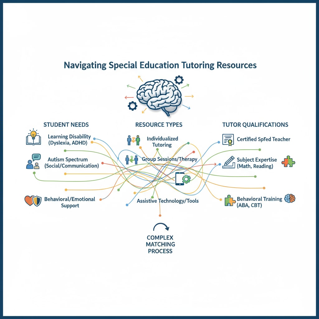 A graphical representation highlighting the complexity of matching special education tutoring resources, with lines connecting different elements. Graphical depiction of the challenges in special education tutoring resource matching