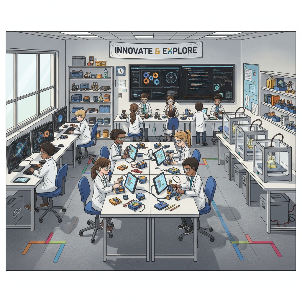 A modern classroom equipped with the latest STEM learning tools, such as 3D printers, robotics kits, and computer software. A classroom with modern STEM learning tools for effective curriculum development and partnership-based learning