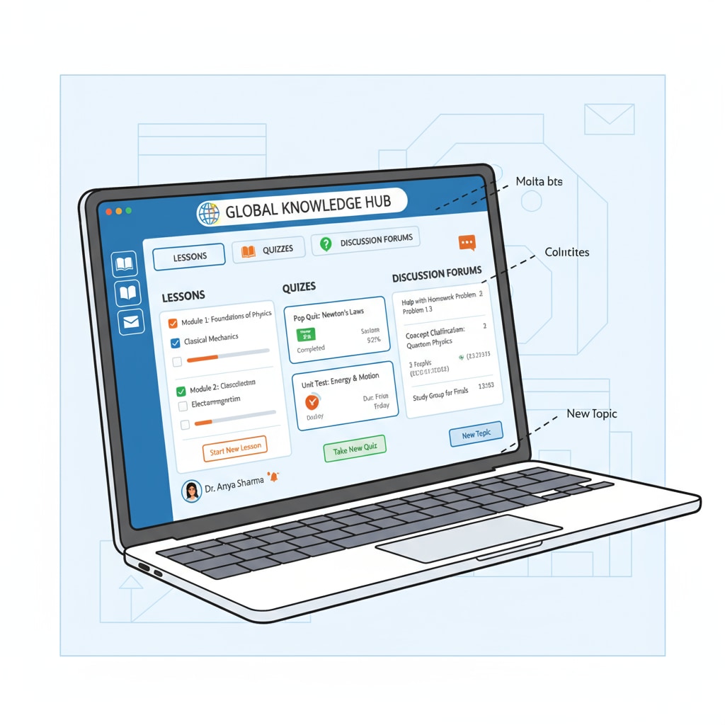 An interactive learning platform interface with features like lessons, quizzes, and discussion forums. Interactive learning platform for enhancing classroom engagement and providing learning tools.