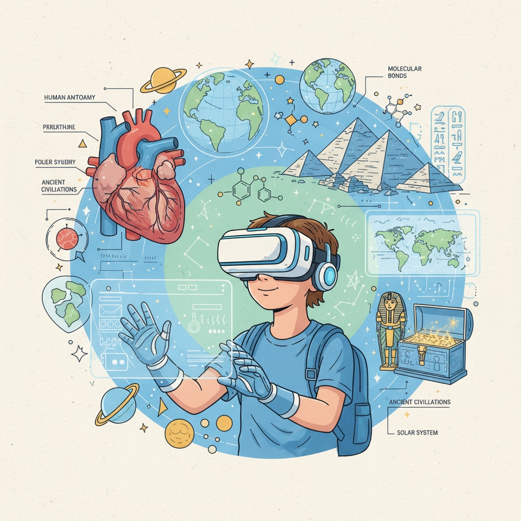 A student wearing a VR headset, exploring a virtual educational environment. VR headset used for immersive learning experiences in the classroom.