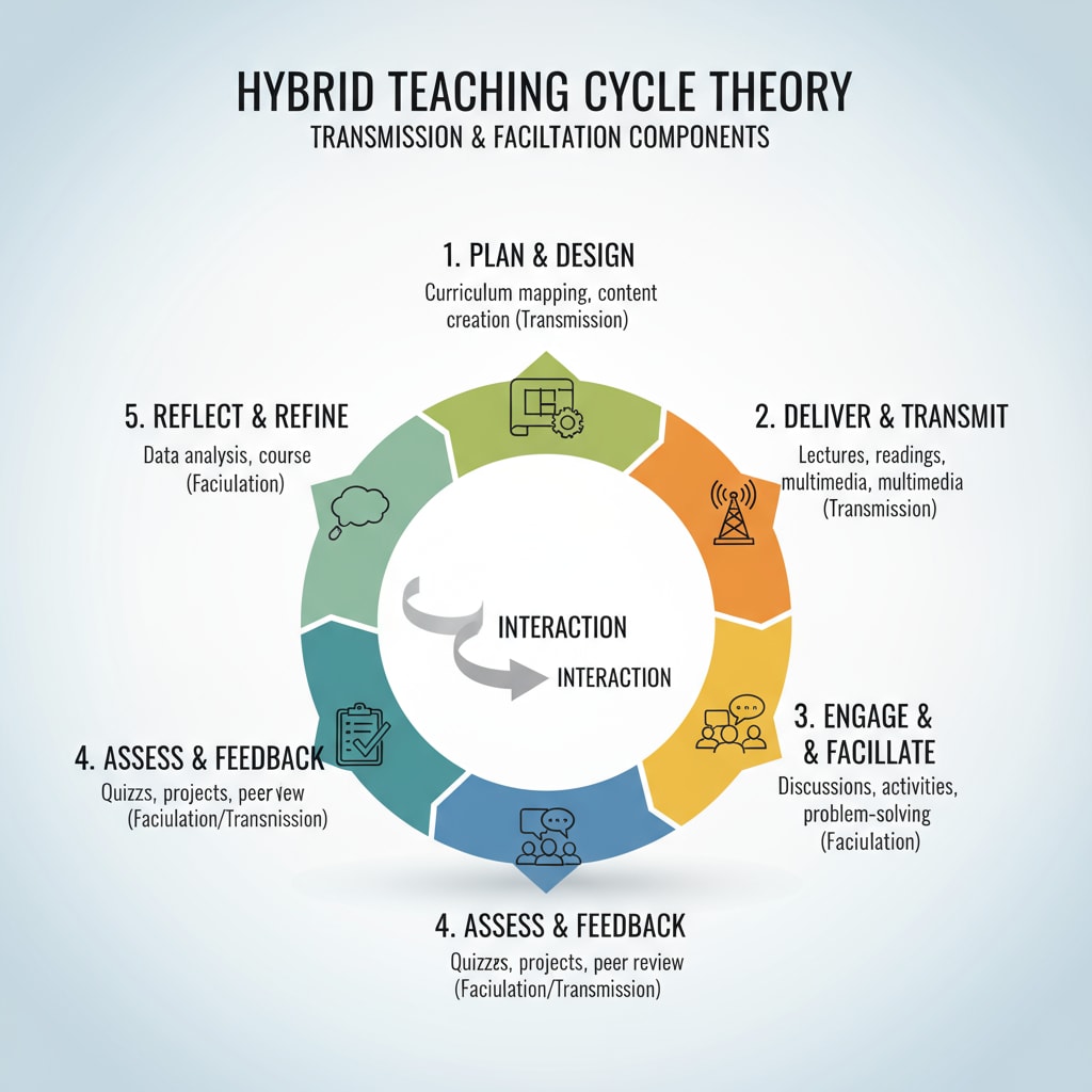 Diagram of the hybrid teaching cycle theory steps related to transmission and facilitation in educational models