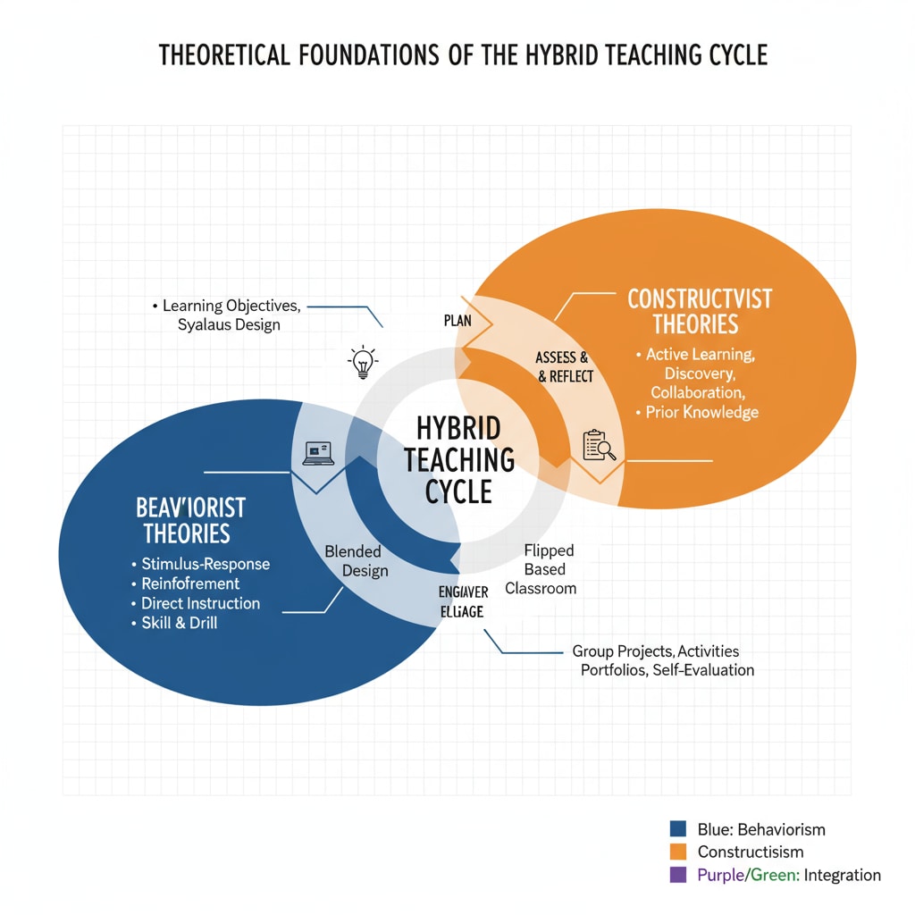 Visual representation of the relationship between behaviorist, constructivist theories and the hybrid teaching cycle in educational models
