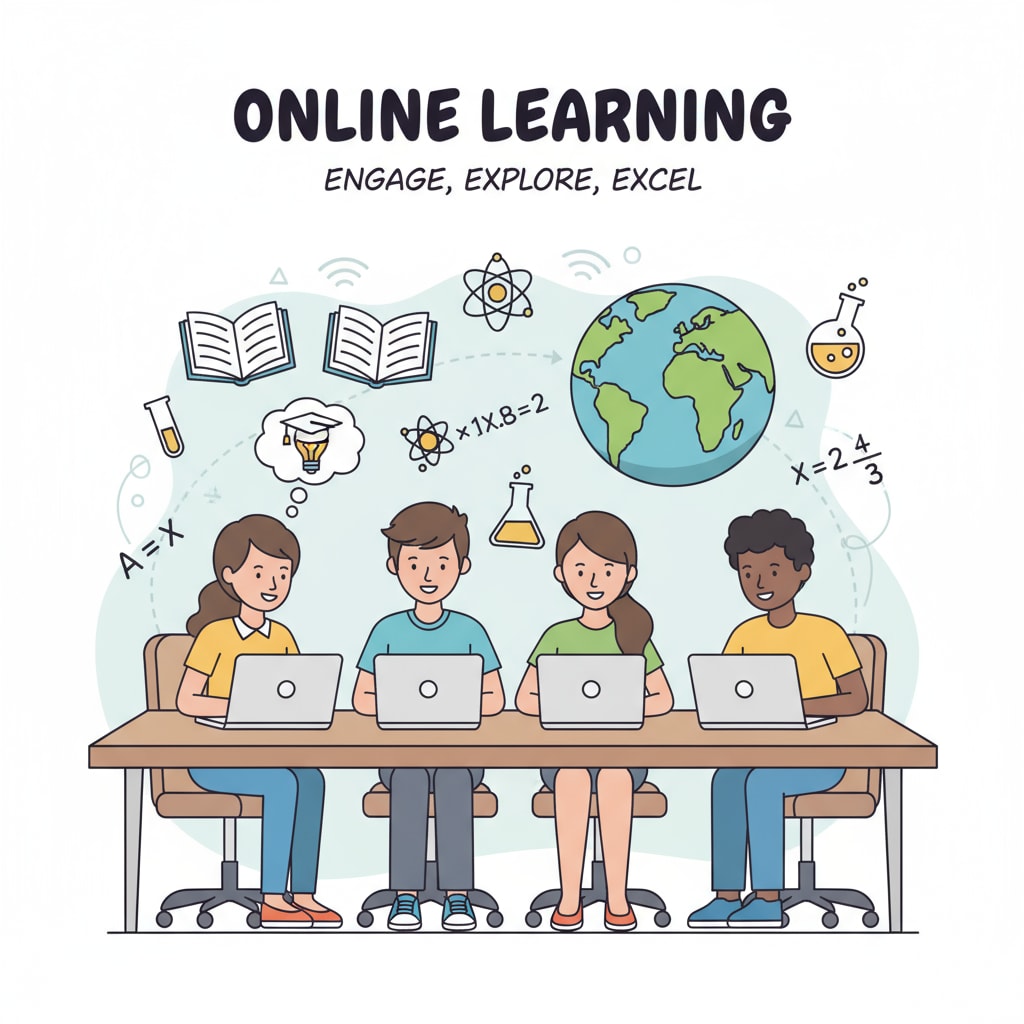 A group of teenagers sitting in front of laptops, concentrating on online learning. Teenagers engaged in online learning, highlighting the importance of self-discipline and time management in the context of online learning, mental health, and procrastination.