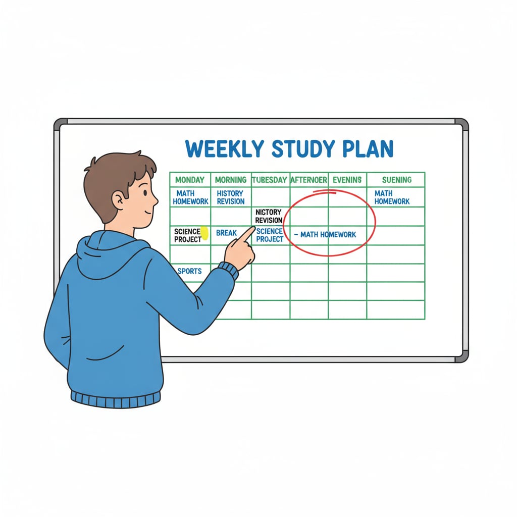A teenager looking at a study schedule on a whiteboard. A teen using a study schedule to manage time during online learning, related to mental health and overcoming procrastination.