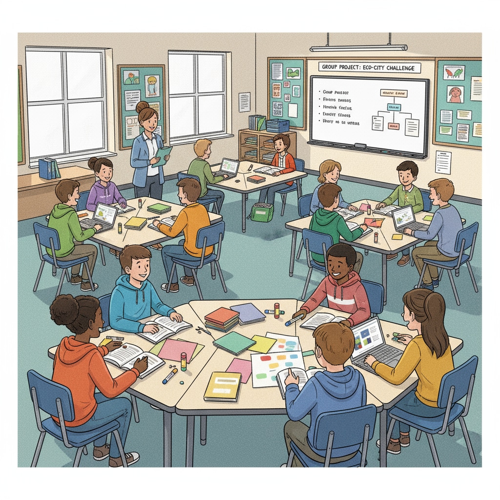 A classroom scene in a US K12 school with students sitting in groups, actively discussing a project, with various learning materials spread on the tables. Classroom scene in a US K12 school related to education systems, US education, Chinese education, and learning pressure