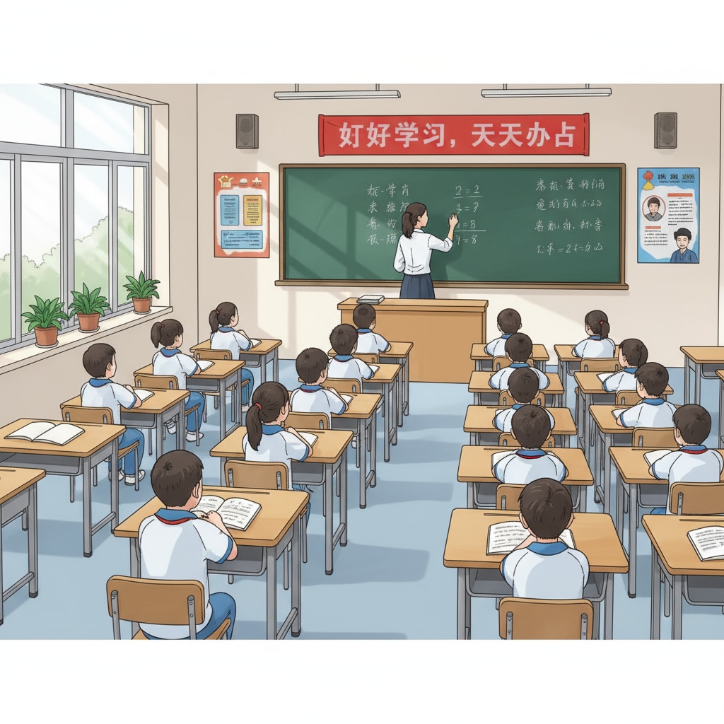 A classroom in a Chinese K12 school where students are sitting upright at their desks, listening intently to the teacher writing on the blackboard, with textbooks neatly arranged on their desks. Classroom scene in a Chinese K12 school related to education systems, US education, Chinese education, and learning pressure
