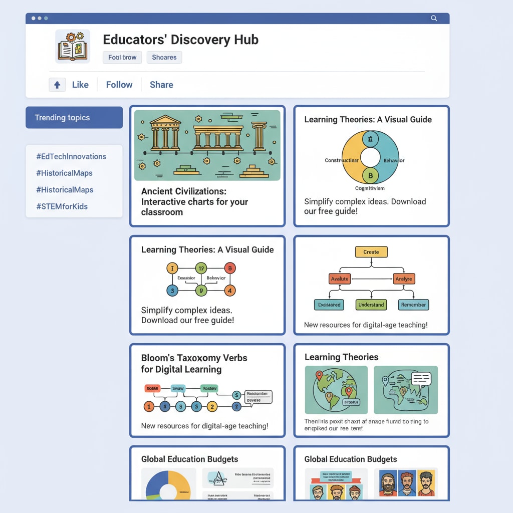 A screenshot captures a Facebook page filled with educational posts, including various historical charts, showcasing the diverse content available on the platform for educators to discover. Screenshot of Facebook page with historical charts for educational resource search