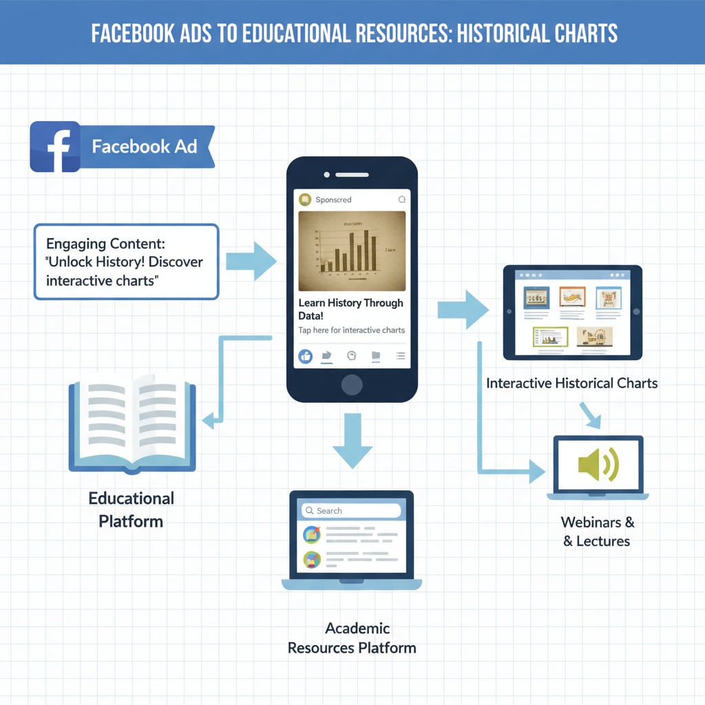 A graphic visually depicts the process of how Facebook ads can direct users to valuable educational resources, highlighting the connection between ads and finding historical charts. Graphic showing how Facebook ads lead to educational resources like historical charts