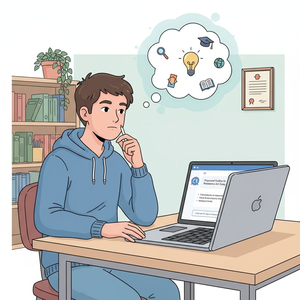 A student sitting at a desk, looking at a laptop with ChatGPT interface open, pondering over an assignment. A student considering the use of ChatGPT for academic integrity and legal research.