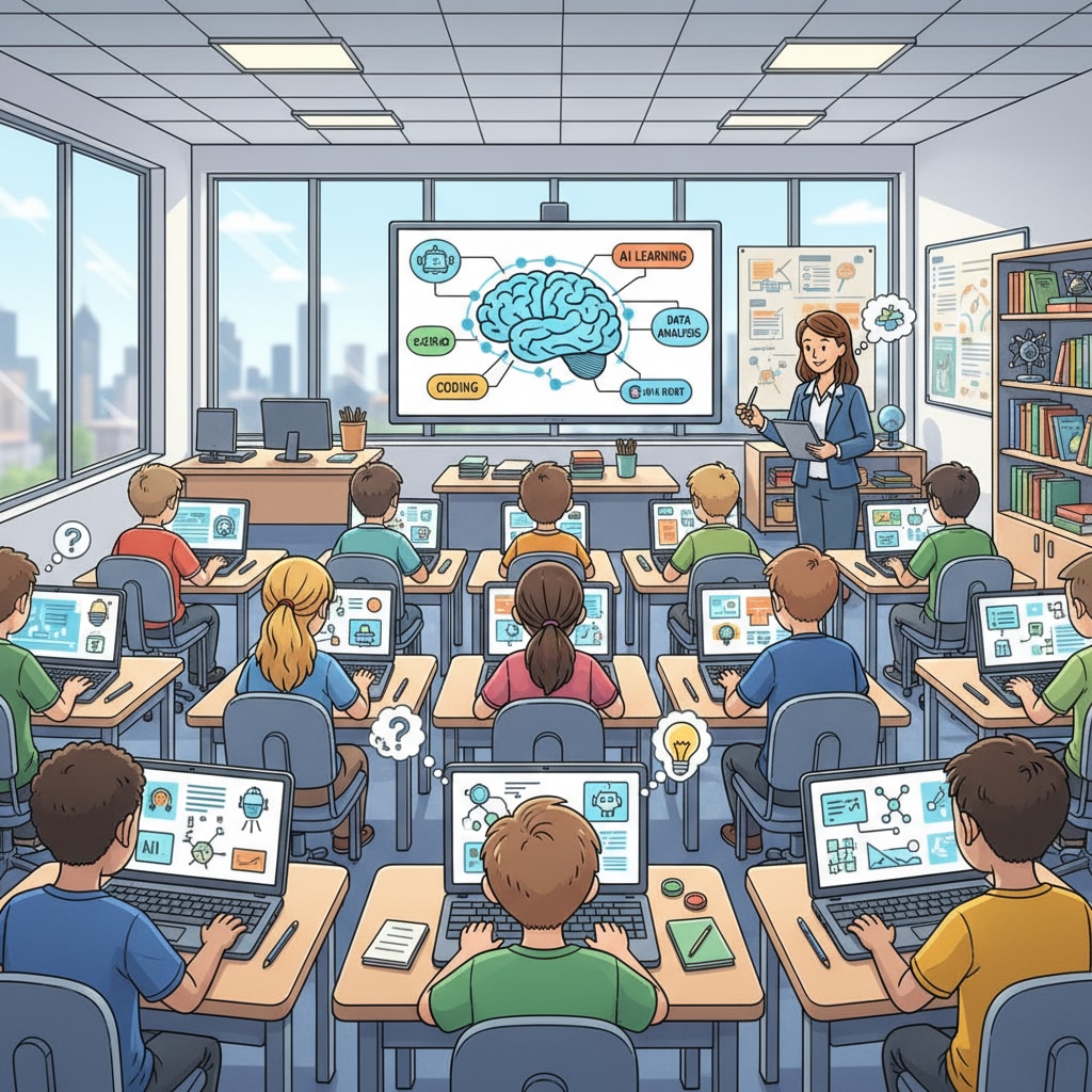 A classroom scene where students are using laptops with AI applications. Students in a classroom using AI applications, related to academic integrity and legal research.