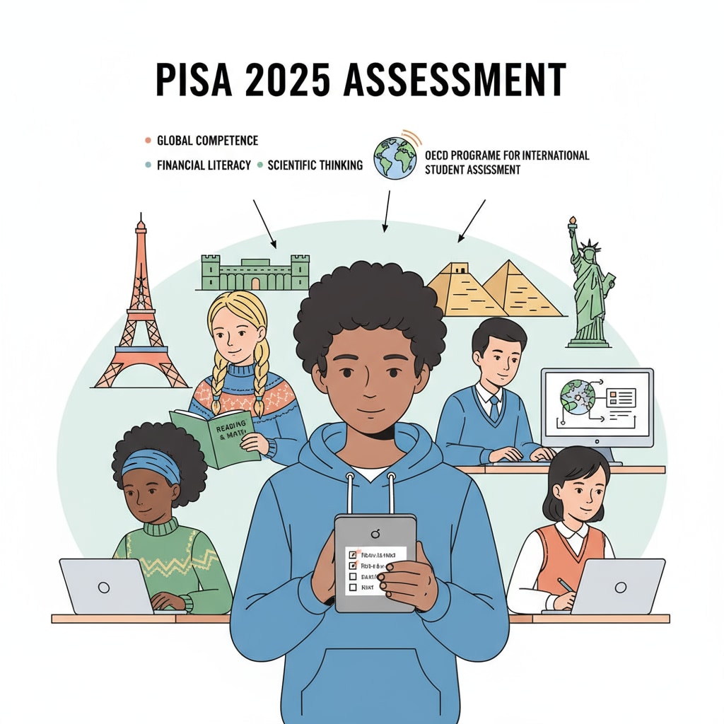 An illustration showing students from different countries taking part in an educational assessment representing PISA test Students taking part in a PISA-like educational assessment