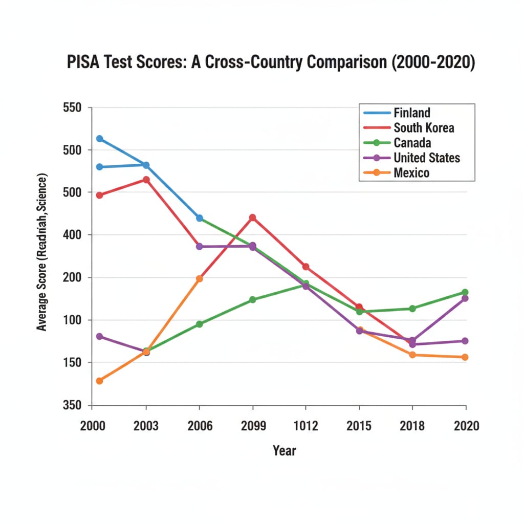 A graph depicting the PISA test scores of different countries over the years Graph of PISA test scores of various countries across years