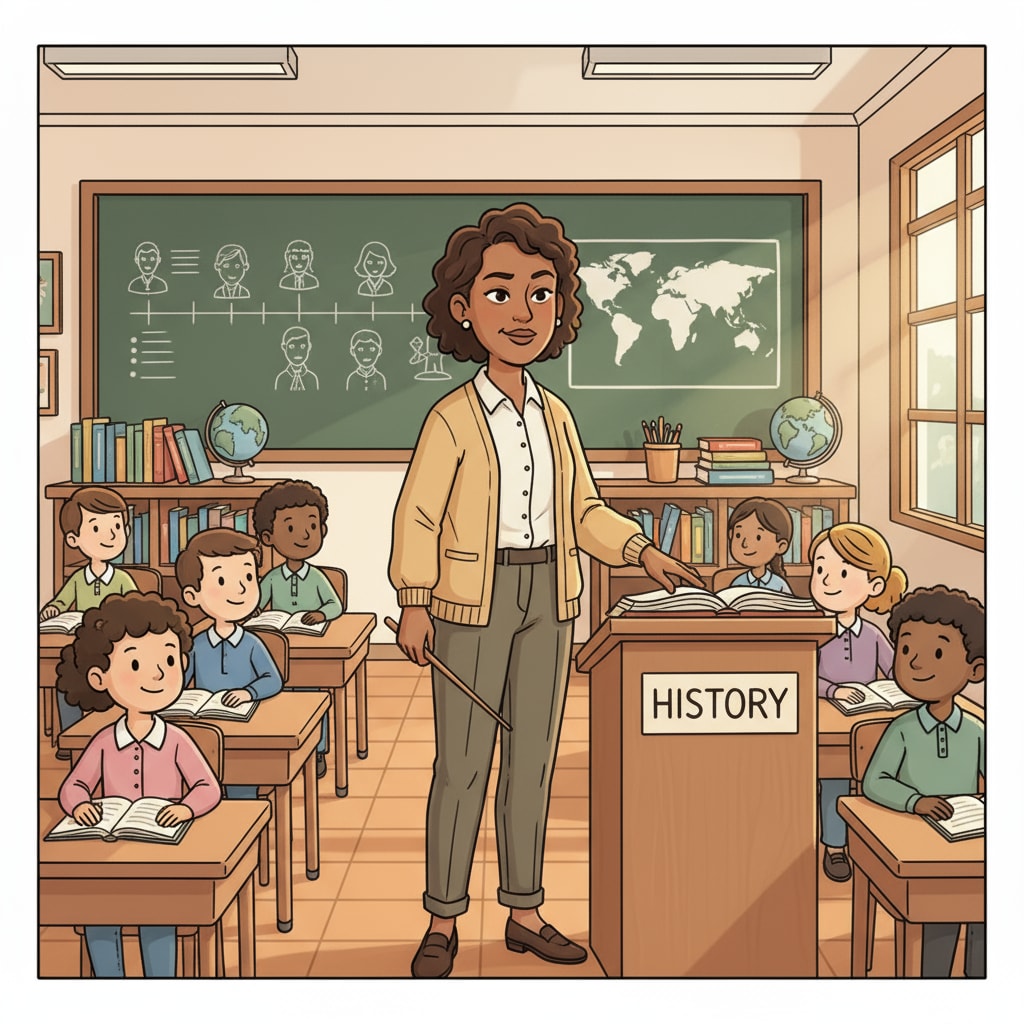 A teacher is standing in a classroom. The classroom looks warm, and the teacher has a slightly uncomfortable expression but still appears professional. A teacher in a hot classroom trying to maintain professionalism.