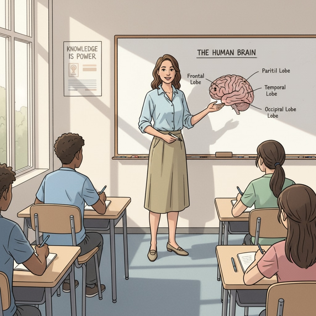 A teacher is wearing a light cotton blouse and a knee - length skirt. She looks comfortable and is standing in front of a classroom whiteboard. A teacher dressed comfortably and professionally in a hot classroom.