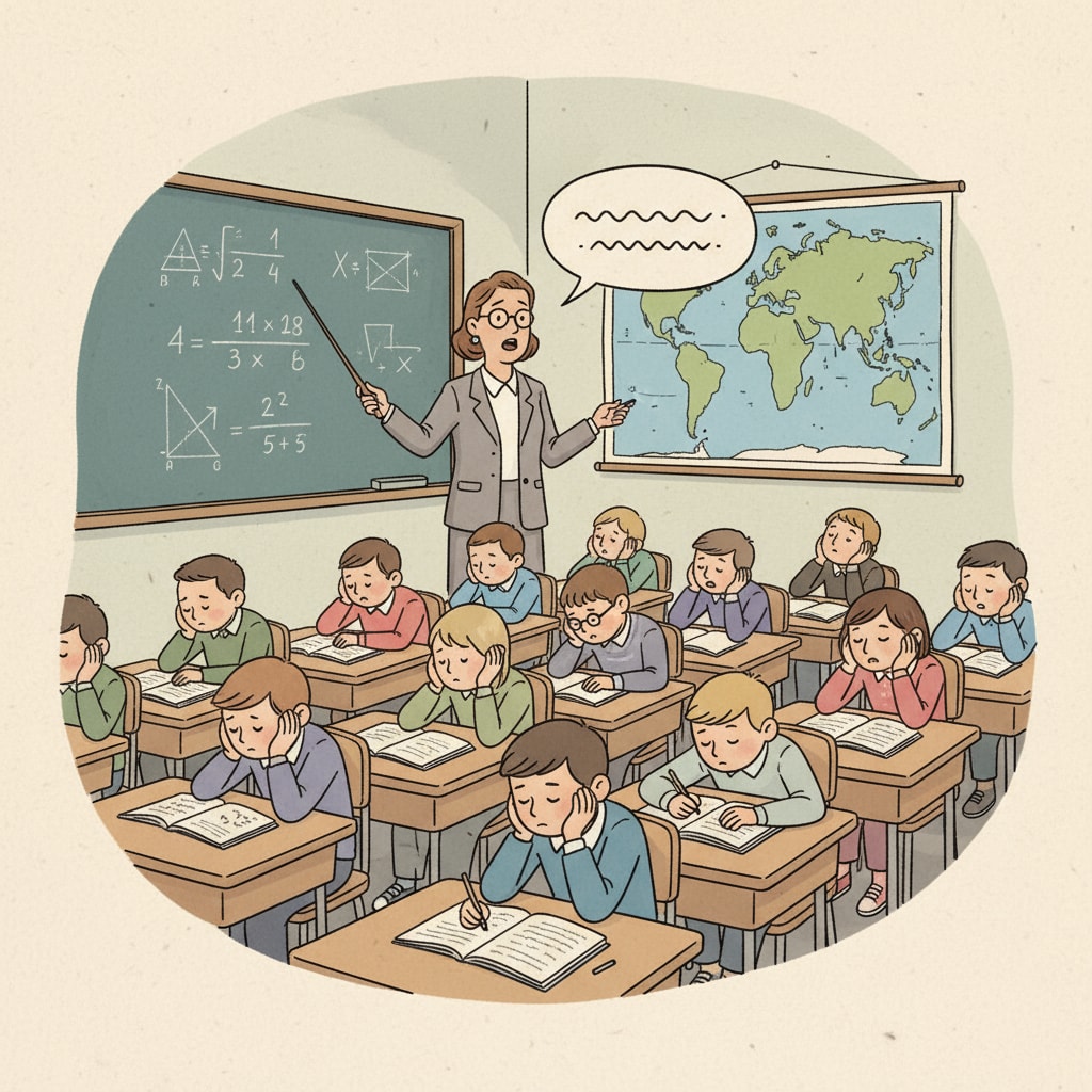 A classroom scene shows students sitting listlessly at their desks, with a teacher standing at the front, indicating a forced learning environment. Classroom scene depicting the challenges of compulsory learning in school systems