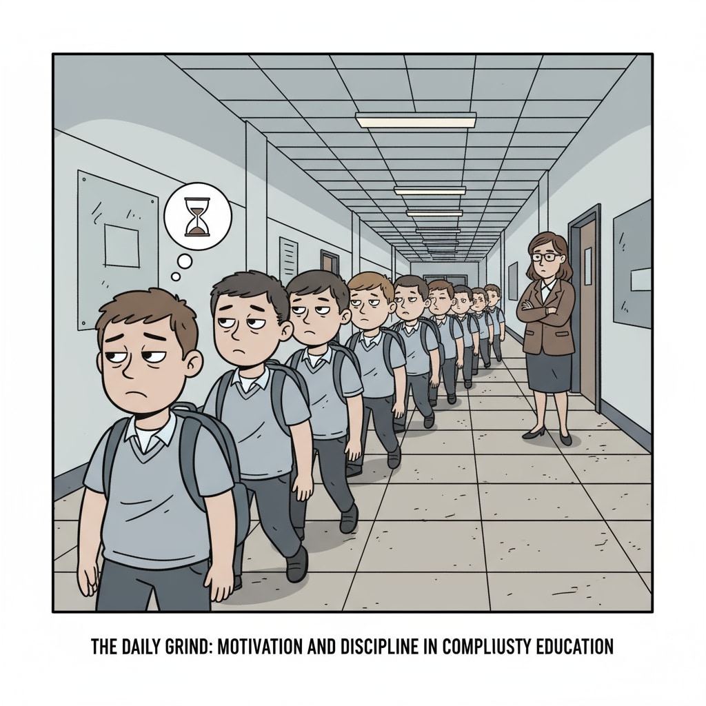 In a school corridor, students are walking slowly with bored expressions, highlighting the issues related to discipline in compulsory education. School corridor scene related to discipline challenges in compulsory education and school systems