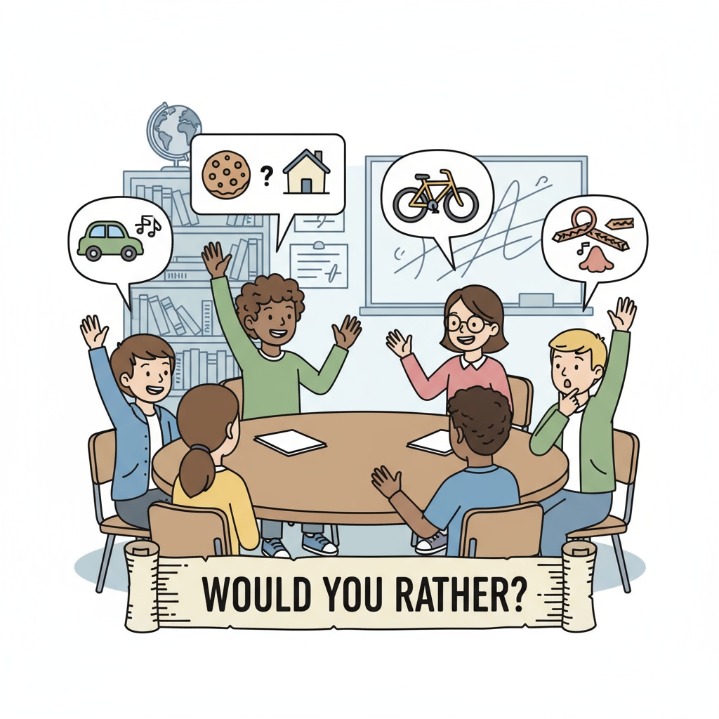 A group of students are sitting around a table, animatedly discussing their choices in a 'would you rather' game. Some are raising their hands, others are smiling, showing high levels of engagement. Students actively participating in a 'would you rather' classroom game