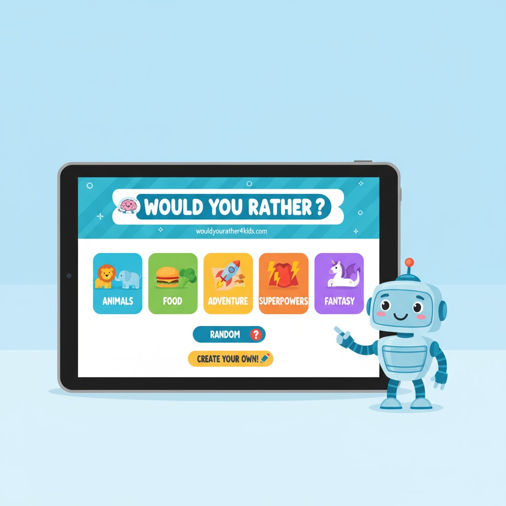 The screen displays the colorful interface of the wouldyourather4kids.com website, with different categories of 'would you rather' questions visible. Screenshot of the wouldyourather4kids.com website for classroom games