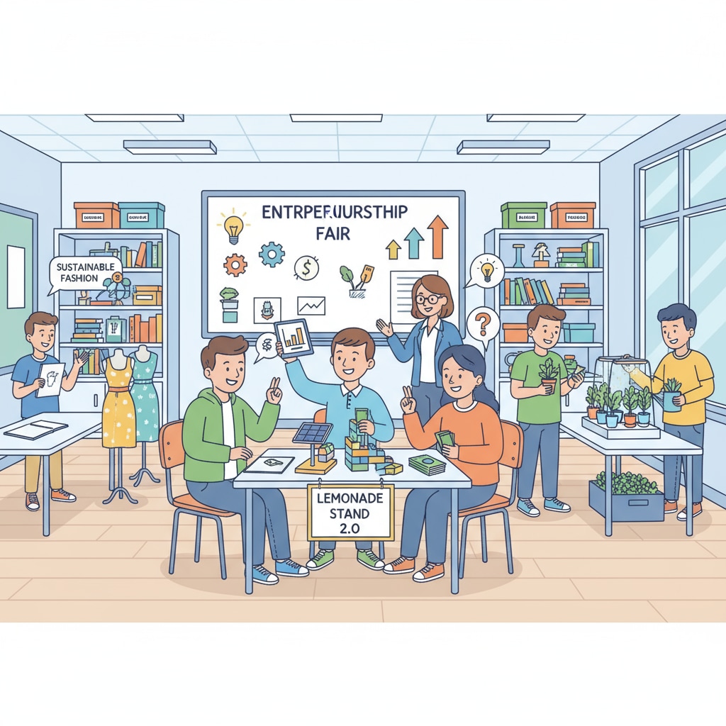 Students are actively engaged in various hands-on projects related to entrepreneurship in a classroom setting. Students practicing entrepreneurial skills through hands-on learning in K-12 education