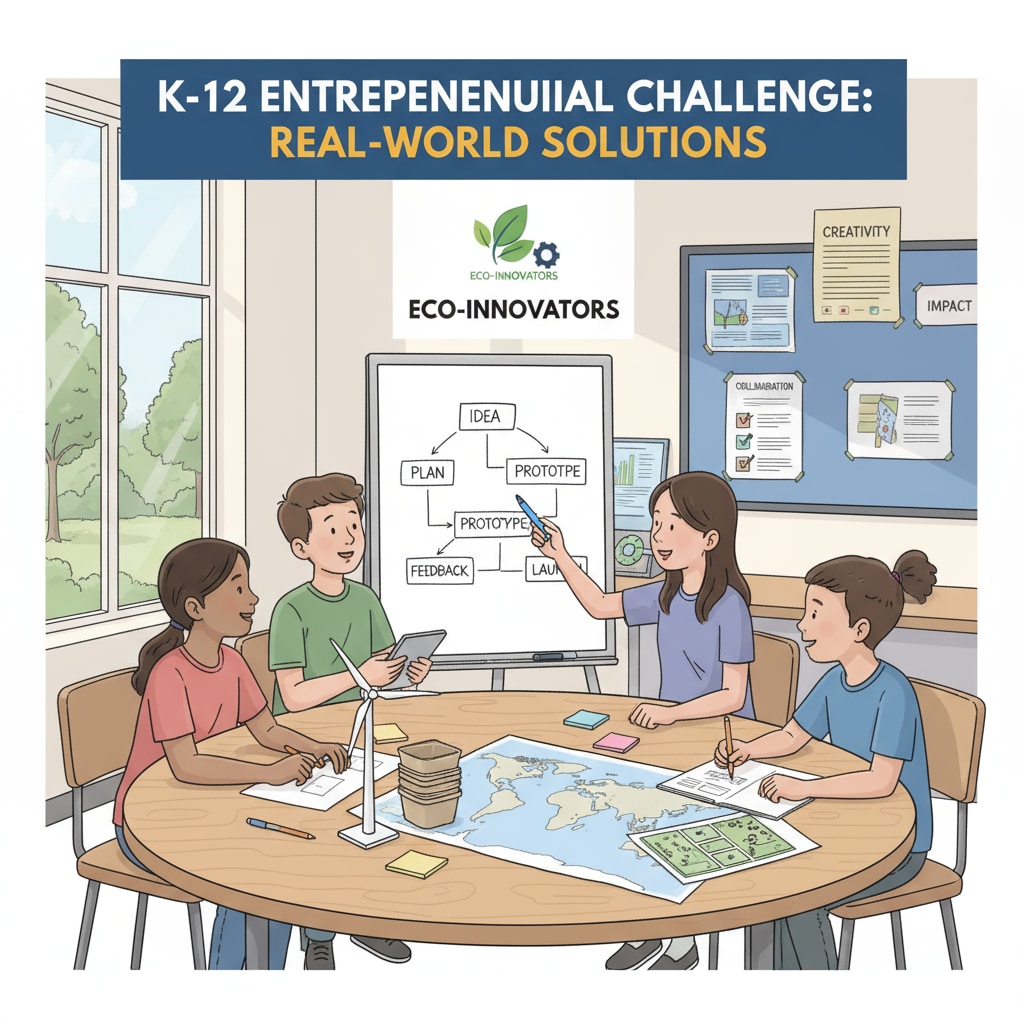 A group of students are gathered around a table, discussing and working on a solution to a real-world problem, demonstrating practical learning in K-12 for entrepreneurial development. Students collaborating to solve a real-world problem as part of K-12 practical learning for entrepreneurship