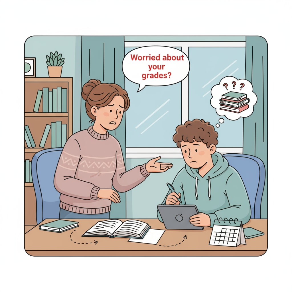 A parent and a high school student are having a conversation about study at home, showing the parent's concerned expression. A parent expressing concern about a high school student's study, related to high school education, calculus, excessive expectations, and parental intervention