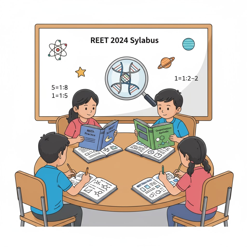 An illustration showing children sitting around a table, studying science and math books in the context of REET exam preparation. Children studying science and math books for REET exams