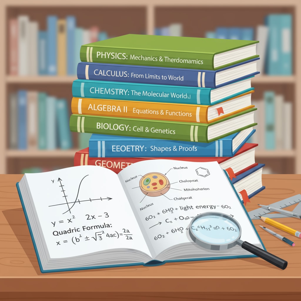 A stack of science and math textbooks and workbooks neatly arranged, with some open pages showing relevant problems and explanations. Stack of science and math textbooks and workbooks for REET exams