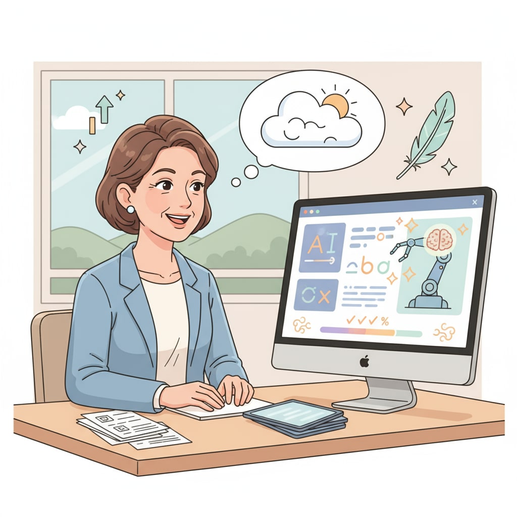 An illustration showing a teacher using an AI math grading tool on a computer, with a happy expression as if relieved from heavy workload. A teacher using an AI math grading tool to reduce workload