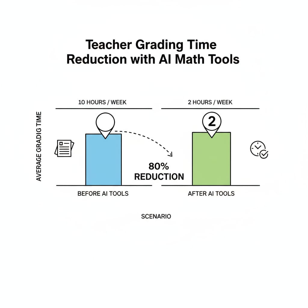A graph depicting the reduction in teacher grading time after using AI math grading tools, with clear data points showing the before and after situation. Graph showing reduction in teacher grading time due to AI math grading tools