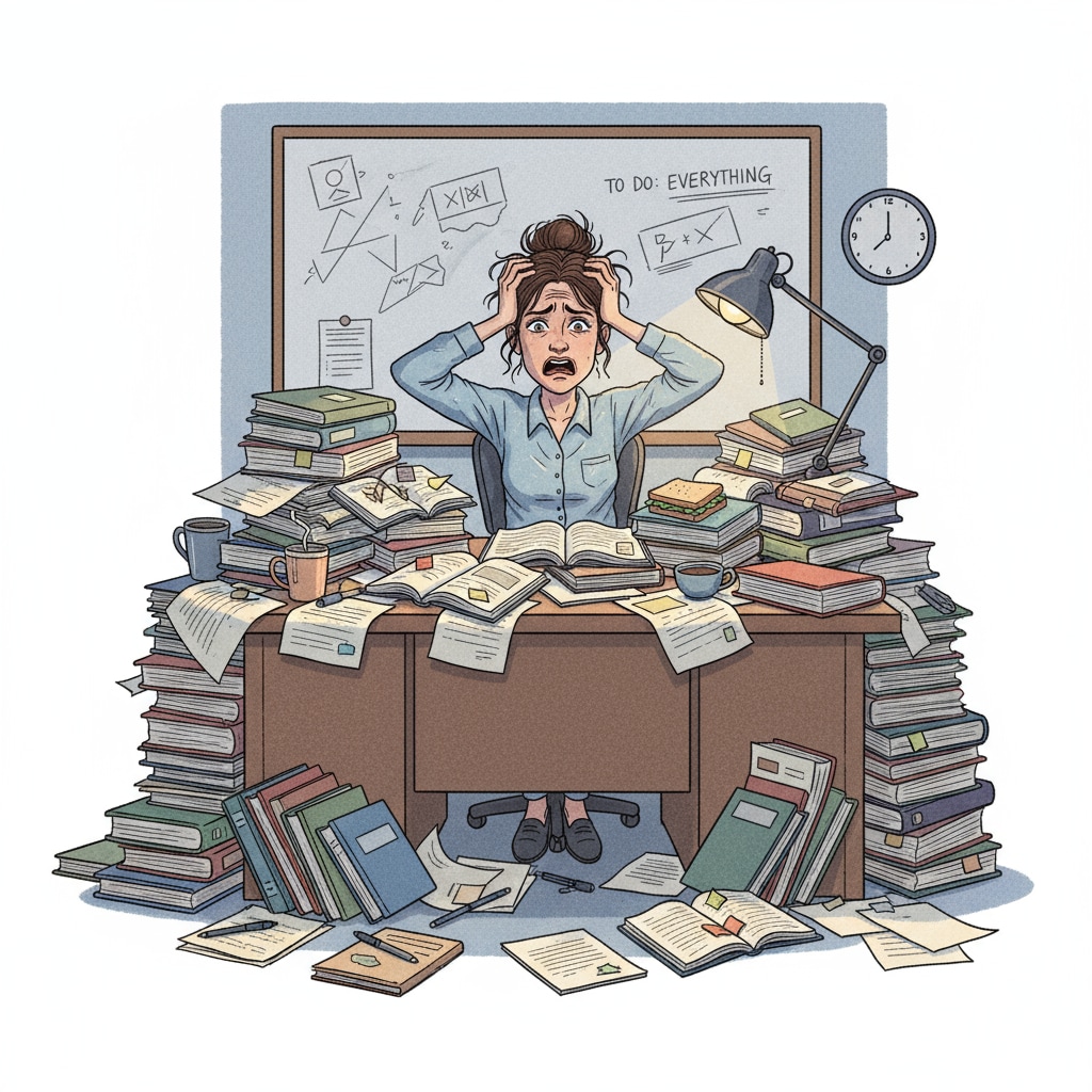 A stressed teacher under heavy workload