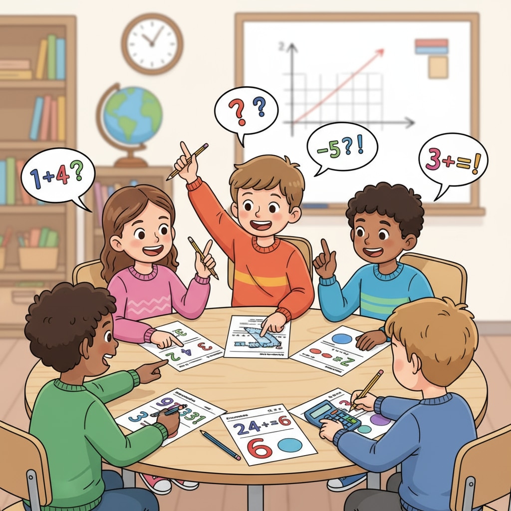 A group of 9-year-old children are sitting around a table, looking at math worksheets and discussing with enthusiasm. Some are pointing at numbers, and others are writing with pencils. 9-year-old children engaged in math learning to enhance their math abilities