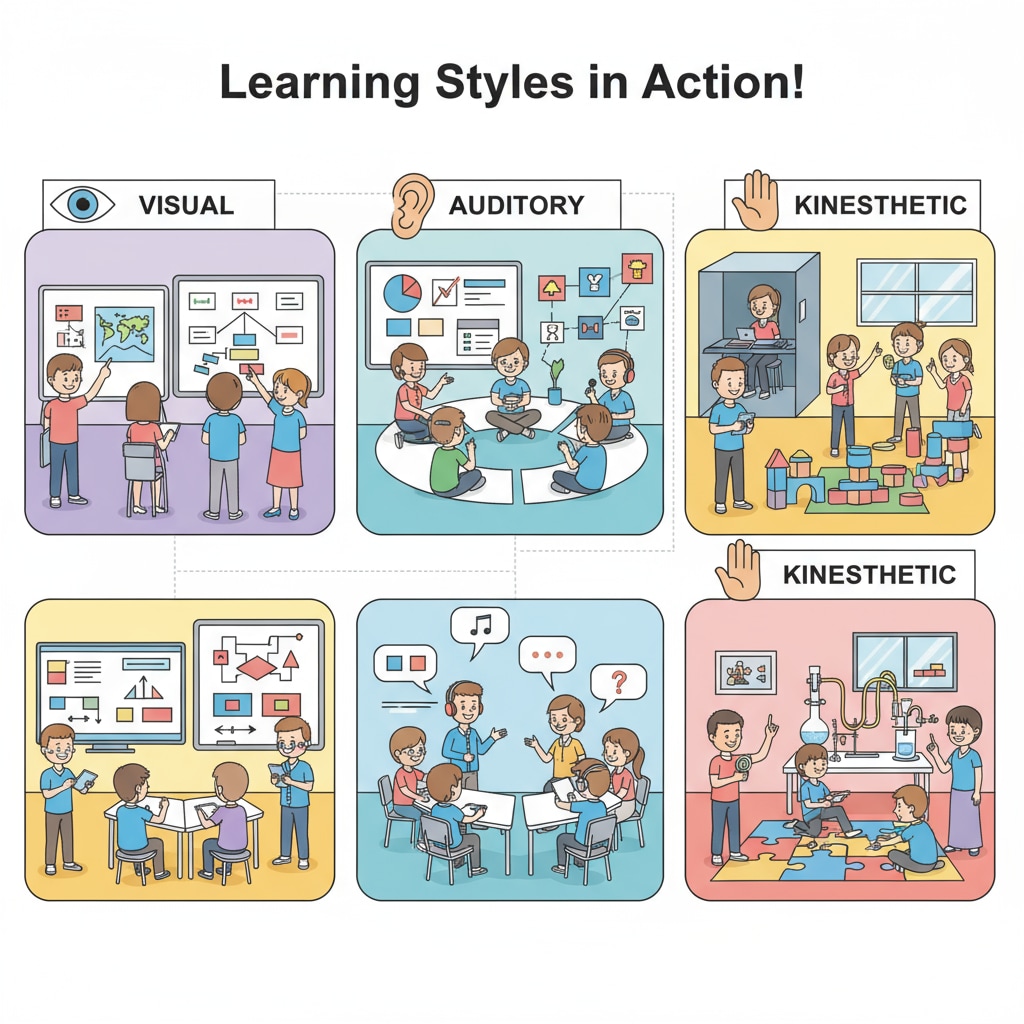 An illustration shows a classroom with different areas representing visual, auditory, and kinesthetic learning. Students are engaged in activities related to each learning style. Different learning styles in a classroom setting for children's math learning