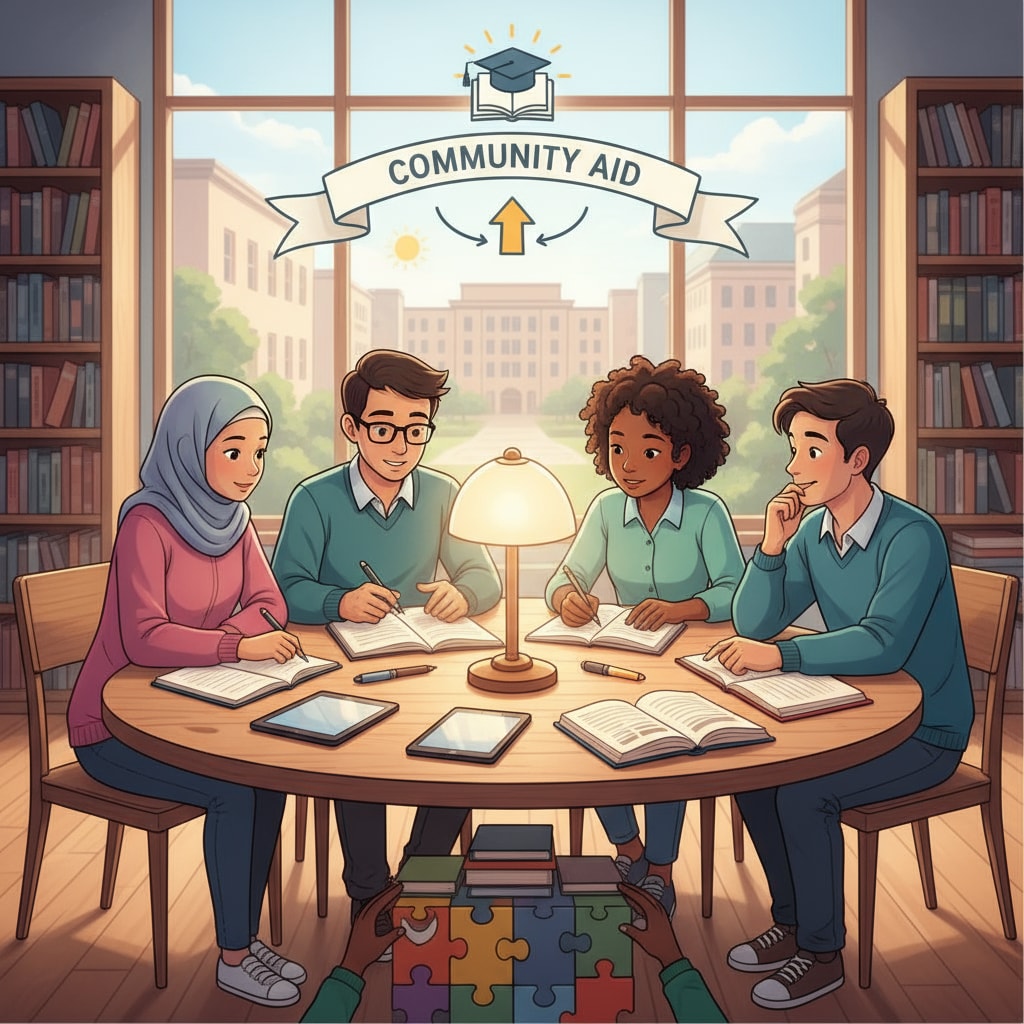 A group of students are sitting around a table, books open, engaged in studying. This represents the educational environment that students strive for and the hope that community aid can help them achieve. Students studying with the hope of community aid for tuition fees
