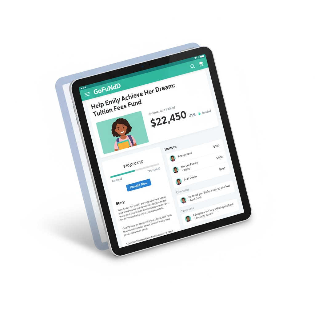 A screenshot shows a GoFundMe campaign page with details of a student's tuition fee fundraiser, including the goal amount, amount raised, and donor comments. GoFundMe campaign page for a student's tuition fees