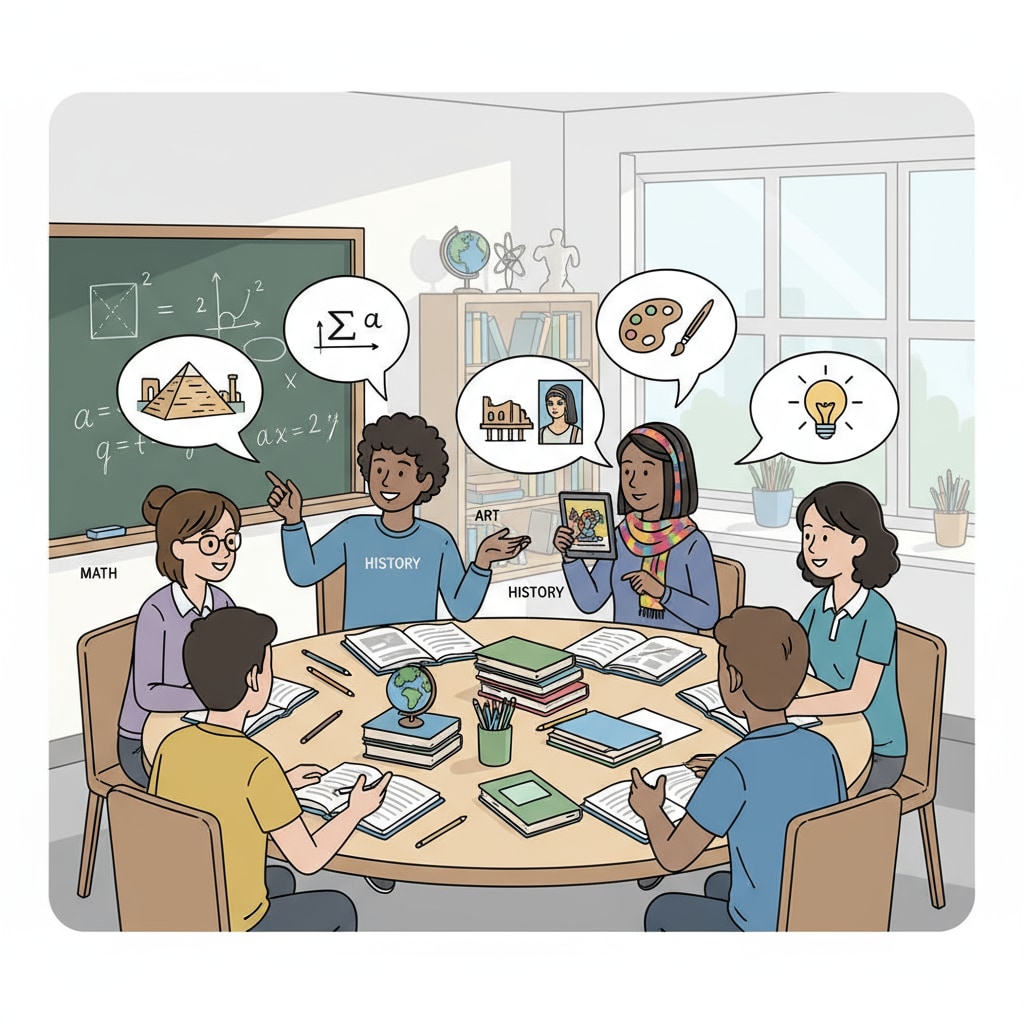 A group of students are sitting around a table, discussing different subjects such as math, history, and art, showing their enthusiasm for multidisciplinary learning. Students engaged in multidisciplinary learning discussion